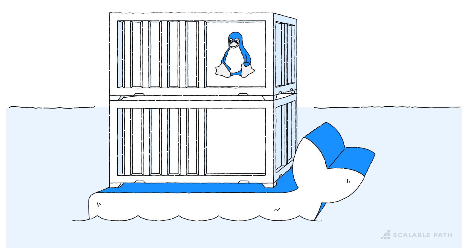 Docker logo illustration with Linux logo in one of the containers