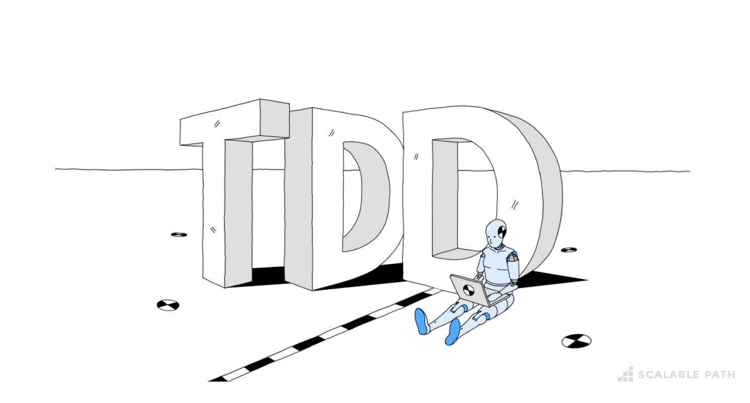 Robot running tests on laptop next to TDD letters