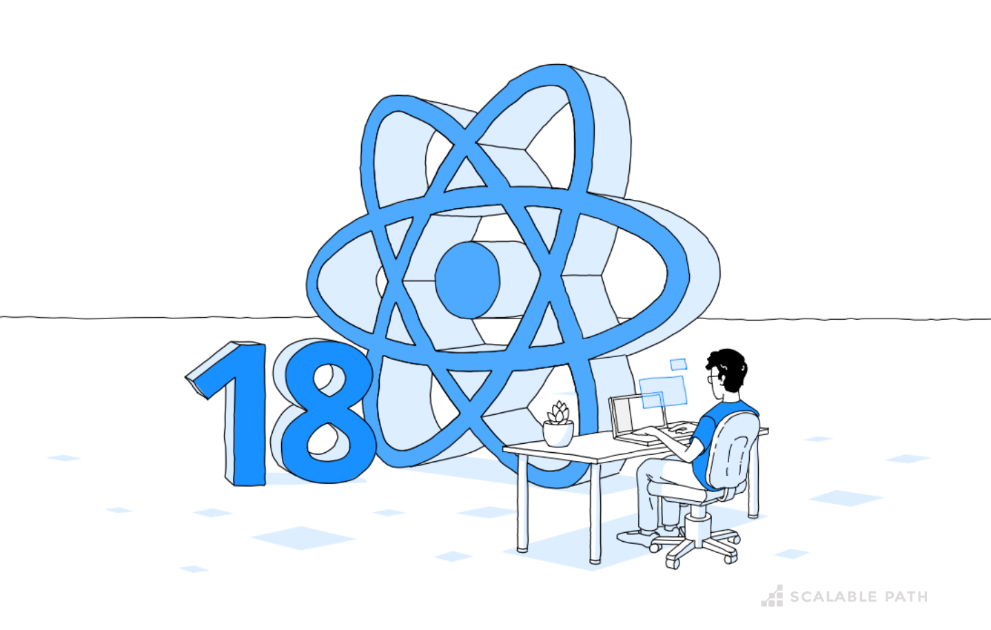 A developer working next to a React 18 logo.