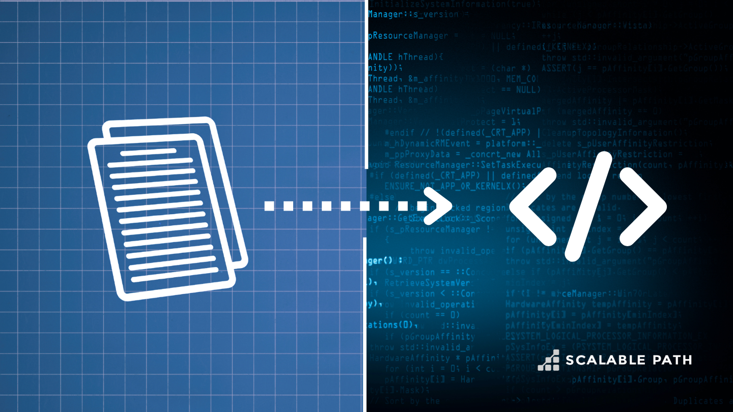 Illustration showing specs transforming into code
